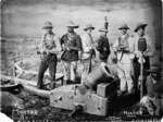 Cohorn mortar with a line of unidentified men behind it, near Ladysmith, Natal, South Africa