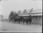 Group of people on a horse and coach at Motupiko Inn, Nelson District