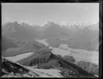 Looking from Mt Alfred up into the Dart Valley, showing the Dart River (Te Awa Whakatipu) and Lake Sylvian on left, Otago District