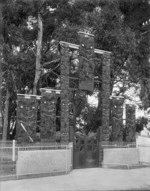 Gateway with Maori carvings, Ebbett Park, Hastings