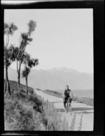 Cabbage trees and unidentified man on a bike on road, including mountains in the distance, Makarora, Otago District