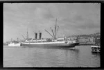 Ferry ship 'Wahine' at wharf, with 'Matua' ship and wharf sheds in background, Wellington Harbour