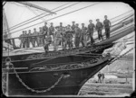 View of the prow of the sailing ship "Jessie Readman" in Port Chalmers graving dock.