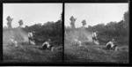 Edgar Richard Williams, Owen William Williams and a third child [Edith Kenworth?] in garden with chickens and fire [Motohou Station, Brunswick, Whanganui Region?]
