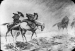 Photograph of a sketch by Philip Walsh, depicting Bishop and Mrs Cowie on horseback in the rain, in North Auckland