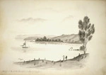 Backhouse, John Philemon 1845-1908 :Arrival of the cutter "Pai Marire" in the Matakohe River, Kaipara. March 23d 1870. Resident Magistrate's house in the distance. 18.3.[18]71.