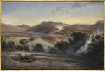 Blomfield, Charles, 1848-1926 :[Lake Rotomahana - a panoramic view showing Pink Terraces and thermal activity] 1894