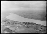 The settlement of Te Kopuru on the Wairoa River with Norton Street and West Coast Road in foreground, south of Dargaville, Northland Region