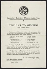 Canterbury Repertory Theatre Society :Circular to members (31st October, 1931) ... R F W Ashworth, Major, Hon. Secretary, Room 404, Commerce Building, Hereford Street, Christchurch, phone 31-349.