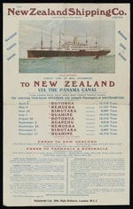 New Zealand Shipping Company :The New Zealand Shipping Company Limited (incorporated in New Zealand). RMS Rotorua. Direct line of mail steamers to New Zealand via the Panama Canal ... 1927 ... Rotorua, Remuera, Rimutaka, Ruahine, Rotorua, Ruapehu ... Fares to New Zealand ... fares to Tasmania & Australia. For further information apply to Pickfords Ltd, 206 High Holborn, London, W.C. 1 [1927]