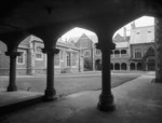Looking through the cloister arches towards the quad, at Canterbury University College