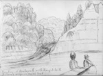Crawford, James Coutts, 1817-1889 :Junction of Hautapu R[iver] with Rangitikei R[iver]. Bittern's wings on man's head [18 Jan 62]