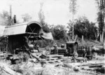 Nyberg sawmill, locomotive and workers, at Te Kinga