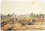 [Brees, Samuel Charles] 1810-1865 :[Landscape with three Maori men walking along a path. ca 1844]