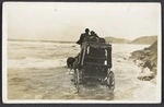 Foley, Neil, fl 1989 :Postcard of horse-drawn coach on beach between Gisborne and Tolaga Bay