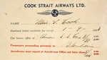 Cook Strait Airways Ltd. :[Envelope for ticket, name Miss V Cook]. 1938.