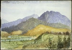 [Ryan, Thomas], 1864-1927 :View looking up the Whirinaki Valley showing Te Whaiti Pah on the right hand side and the Whirinaki River flowing through the valley. [1891].