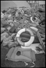 Life raft and wreckage of ship Wahine on Eastbourne beach