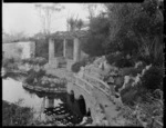 Garden features including bridge, pond and pergola at Homewood, Karori, Wellington