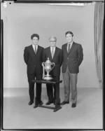 Unidentified group of three men with the Chatham Cup soccer trophy, May 1972 [Jeffery?]