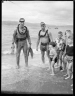 U S Navy skin divers at Oriental Bay, Wellington