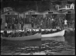 Wellington City Mission sea scouts in row boats at the boat harbour, Oriental Bay, Wellington