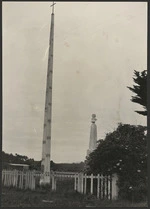 Jubilee pole at Otaki to commemorate 40 years of the Christian mission on the Kapiti Coast, with the monument to Te Rauparaha in the background