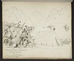 Mantell, Walter Baldock Durrant, 1820-1895 :Friday ev[enin]g. 17 Dec 1852. Camp at Te Raupoaparaheka. What may be called a glen. About 500 ft above us. Looking about south. Spurs of Kohurau Plain ridge behind Mt Omega.