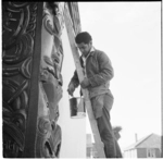 Ihaia Puketapu and his daughters at Waiwhetu Marae, Lower Hutt, before the opening of the meeting house