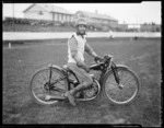Rait, speedway rider, on Rudge motorcycle, at Kilbirnie stadium, Wellington