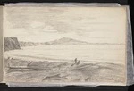 Pharazyn, Edward de C 1810-1879? :Waikaraka cliffs from Kaiwata, 1853. This and the following sketch were taken on a journey along the coast from the Watarangi to Te Aute, Ahuriri in 1853.
