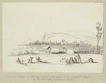 [Merrett, Joseph Jenner] 1816?-1854 :[The Hobson album]. View from Orakau of Maunga tatari with natives in the foreground digging. They dig while sitting in preference to standing. [ca 1843]
