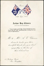 [Memorial card]. France, 25th Sept., 1916. Arthur Roy Chivers, Fifth N.Z. Reinforcements. Mr & Mrs A E Chivers desire to tender you their heartfelt thanks for your kind sympathy in the loss of their beloved son. 15 Rodney Street, New Brighton. [1916]