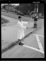 Stuart Wheeler on school patrol duty, Wellington - Photograph taken by W Walker