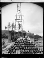 Drilling rig and derrick at geo-thermal bore, Wairakei, Thermal Valley - Photograph taken by W Walker