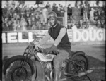 Eddie Naylor on Douglas racing motorcycle, Kilbirnie Speedway