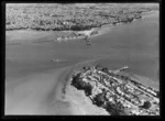 Auckland Harbour Bridge under construction, from Northcote