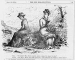 Palethorpe, Arthur, fl 1870s:Clara - Oh, here's Miss Smith coming along; shall we speak to her? Amelia - No. dear! Mama says she can't be a lady, because she wears a stuff dress. The New Zealand Punch, September 13, 1879.
