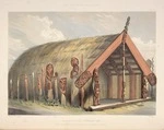 Angas, George French 1822-1886 :Maketu house at Otawhao Pah, built by Puatia, to commemorate the taking of Maketu. [1844]. George French Angas [delt]; J. W. Giles [lith]. Plate 25. 1847.