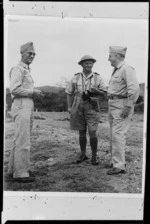 American Major General Rush B Lincoln, and his chief of staff Colonel Wilson, with New Zealand Brigadier L Potter, in the Pacific, during World War II