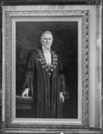 Oil portrait of Sir Thomas Kay Sidey, with academic robes, chain of office and decoration, by Richard Wallwork