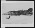 Creator unknown : Photograph of Rakaunui Heads, Kawhia Harbour, with old mail boat