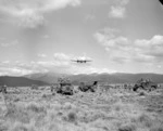 [Guns and transport under simulated attack by RNZAF Mosquito aircraft during final manoeuvres at Waiouru]