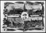 Seasons greetings card with images of a fire at Nelson Boy's College, and of builder J S M Jacobsen