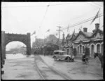 Welcome Gateway, Christchurch, with decorated buildings, for Peace Day, 1919, said to show railway station
