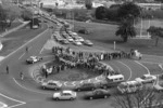 Secondary school teachers protesting on Ewen Bridge roundabout, Lower Hutt