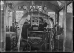 Interior view of the cab of an "Ab" class steam locomotive, showing the boiler