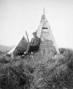 First crossing of the Tararua Range from Levin to Masterton, Feb 13-19, 1909. Our camp alongside the trig on Mt Dundas