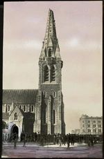 Creator unknown :Photograph of crowd outside Christ Church Cathedral with earthquake damage to spire, Christchurch