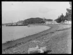 Foreshore at Russell, Bay of Islands, including seagulls, buildings and the wharf, at which a steam boat is docked